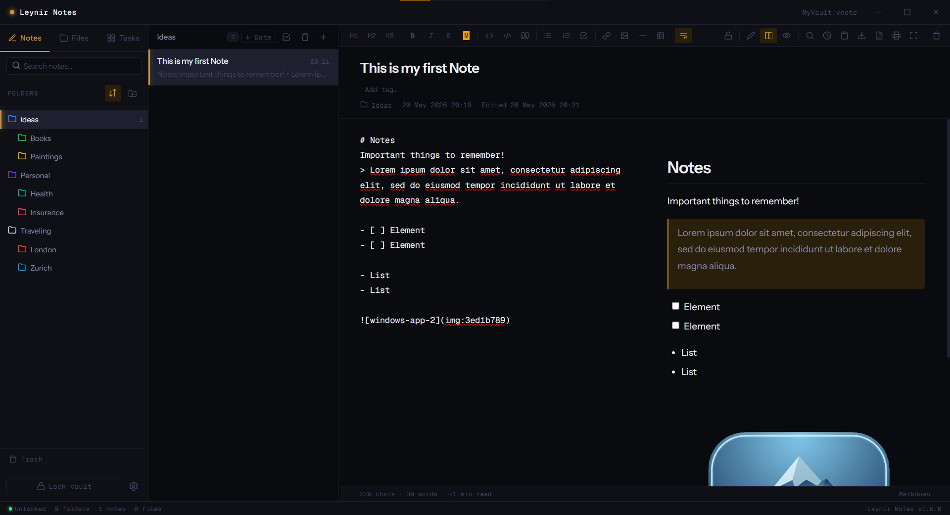 Leynir Notes app screenshot